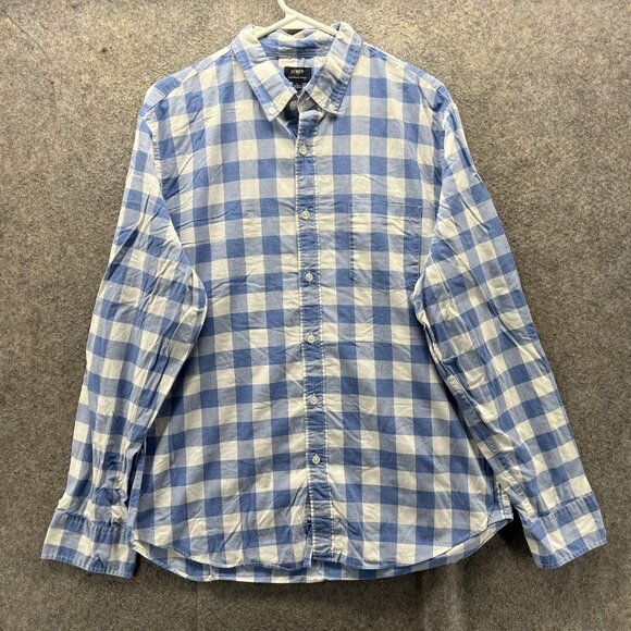 J Crew Shirt Mens Large Blue White Gingham Heathered Cotton Button Down Casual - Picture 1 of 10